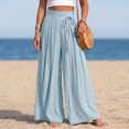 thumbnail image 2 of Women's Cotton Linen High Waist Tie Strap Pleated Wide Leg Pants, Elastic Waist Loose Pocket Resort Trousers, Soft Breathable Summer Bottoms for Travel Daily | TruHer,Light Blue XL, 2 of 7