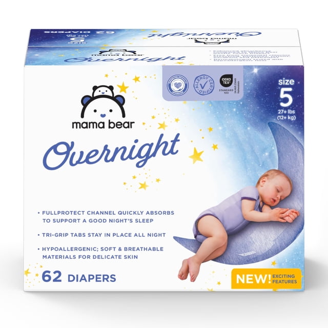 Pañales para bebés Overnight Mama Bear, talla 5, 27 libras, 62 unidades