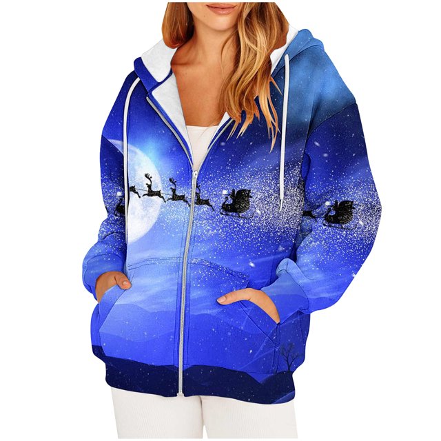 TIMIFIS Christmas Jacket Zip Up Hoodies for Women Jacket Sweatshirt Long Sleeve Fall Lightweight Tunic Sweatshirt Oversize Snowman Christmas Tree Print Jacket with Pockets Merry Christmas -