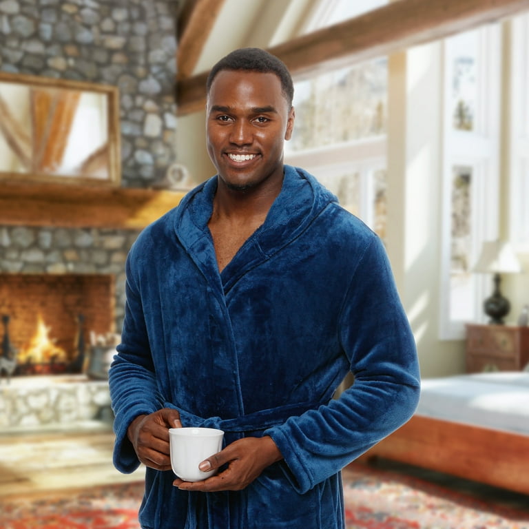 Bathrobes :: Men's Black Plush Soft Warm Fleece Bathrobe with Hood
