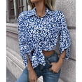 thumbnail image 4 of Blusa de mujer Poliéster Estampado de leopardo Cuello de solapa Un solo pecho Camisa de manga larga para mujer para fiesta de trabajo diario Azul XL, 4 of 7