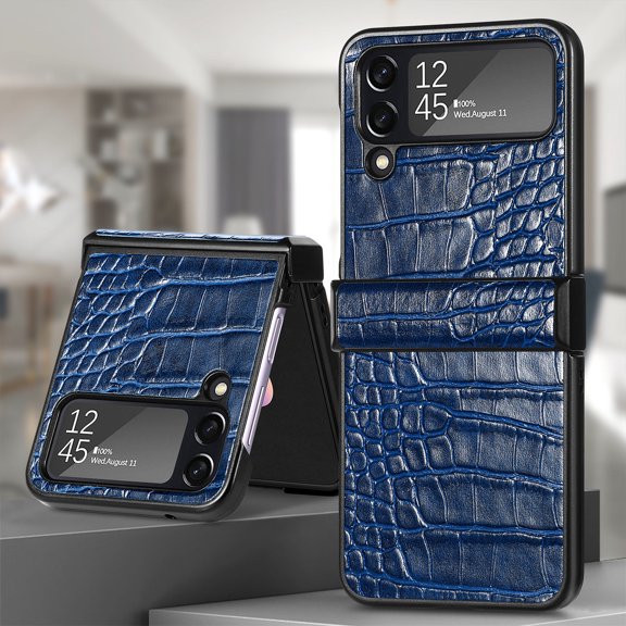 SaniMore for Samsung Galaxy Z Flip 4 6.7" 2022 Case, Crocodile Texture PU Leather Hinge Protection Wear-resistant Vintage Folding Shell Shockproof Drop-resistant, Blue