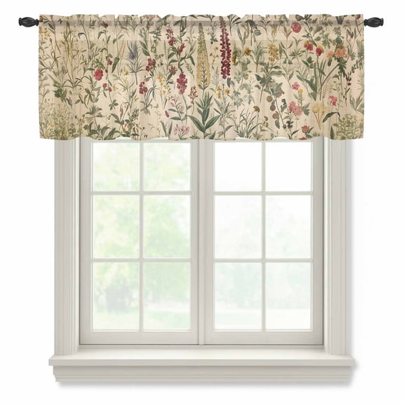 Rustic Botanical Valance Curtains for Kitchen/Living Room/Bathroom/Bedroom Window, Rod Pocket Small Topper Half Short Window Curtains Voile Sheer Scarf, Vintage Floral Wildflower 42"x12"