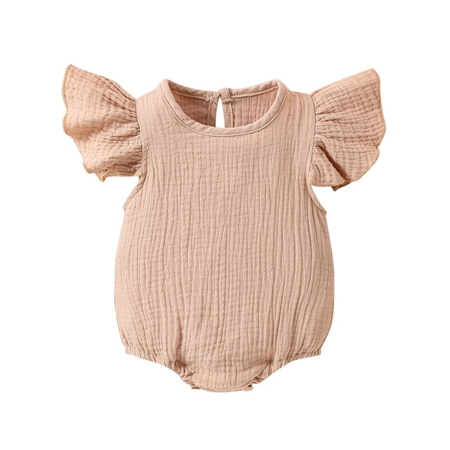 WEIYLL Girls Rompers Ruffles Outfits Short Sleeve Triangle Knit Summer Soft Khaki Toddler Overalls for 0-3 Months