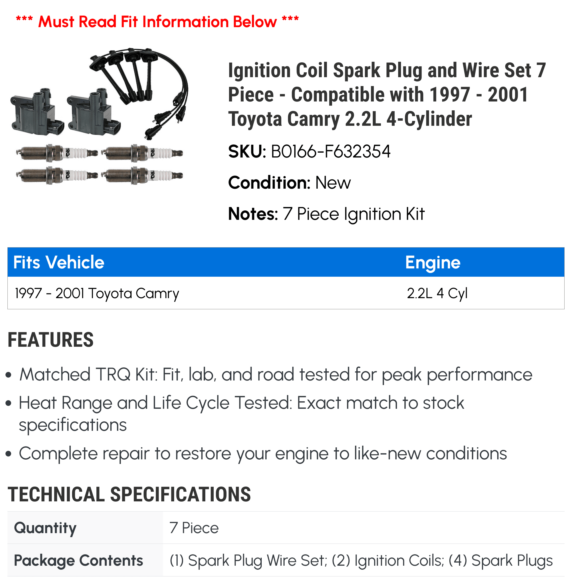 Ignition Coil Spark Plug and Wire Set 7 Piece - Compatible with 1997 - 2001 Toyota Camry 2.2L 4-Cylinder 1998 1999 2000