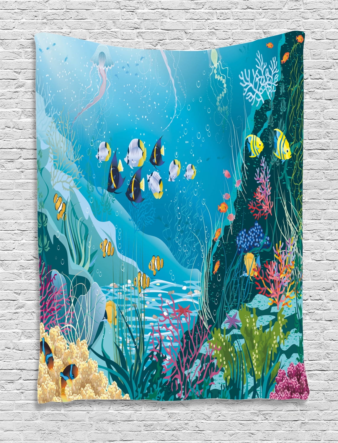 Ocean Decor Tapestry, Underwater Landscape with Tropical Fish and Algae Polyps Descriptive