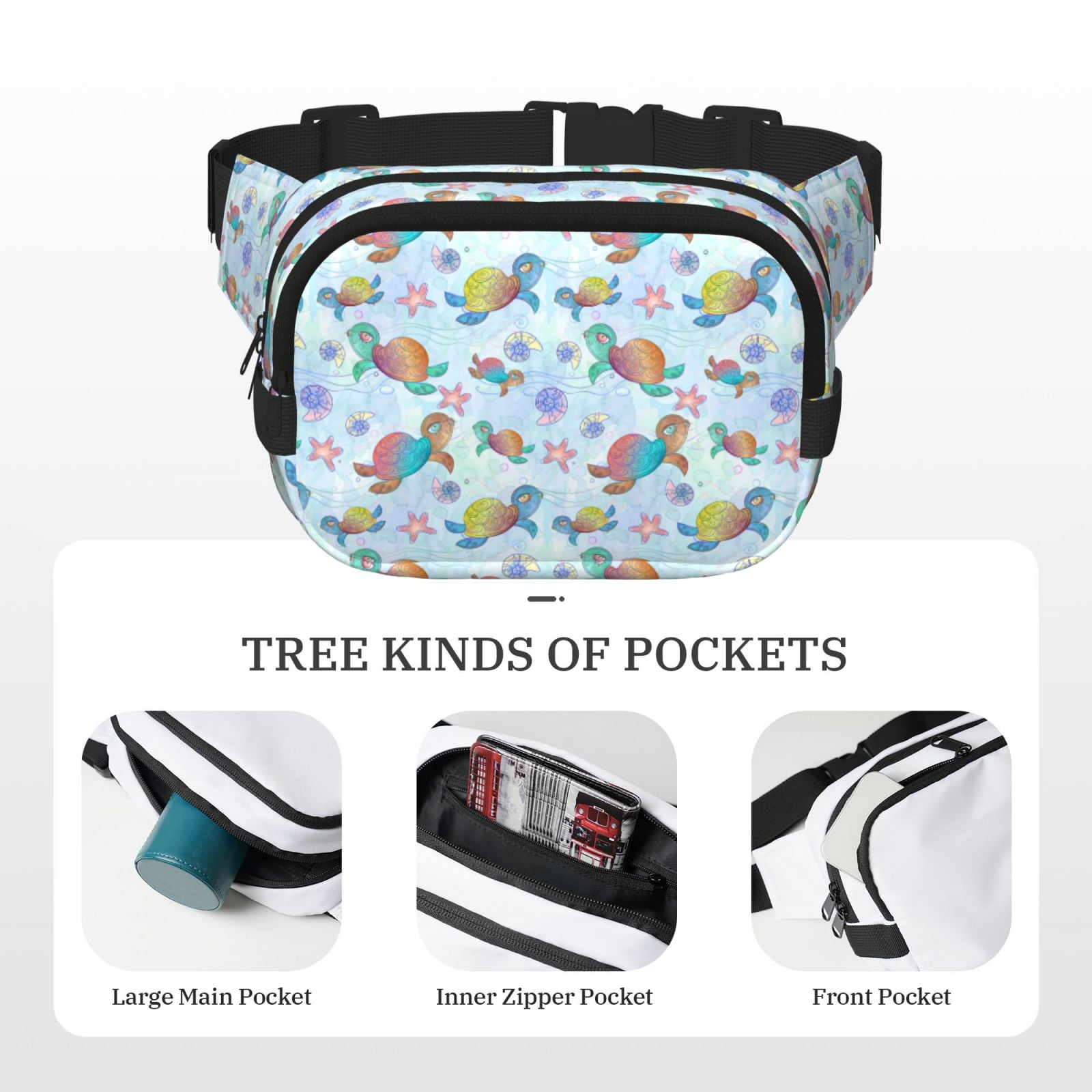 Picia Colorful Sea Turtle Print Square Double-Layer Waist Bag Mini Adjustable Waist Belt Bag Exercise Running Travel Hiking