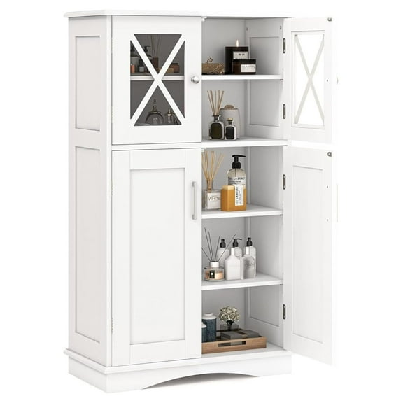 LILEYI Freestanding Floor Cabinet w/2 Glass Doors, 3-Level Adjustable Shelves, Anti-toppling, Kitchen Pantry Cupboard for Bathroom & Living Room (White)