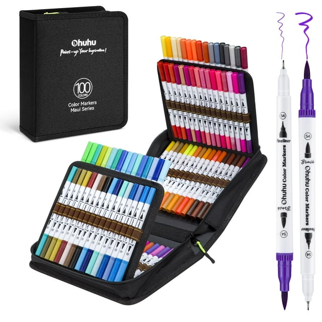 Rotuladores para colorear Ohuhu Maui, 100 colores, a base de agua, punta doble