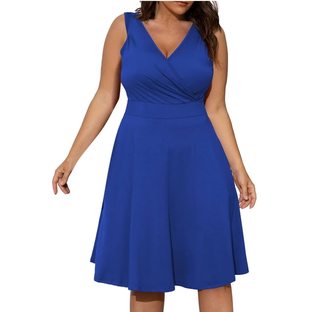 Pisexur Robe d'Été Grande Taille pour Femmes Robe Portefeuille Unie Col en V Sans Manches Robe Dos Nu Élégante Robe Évasée de Cocktail Midi