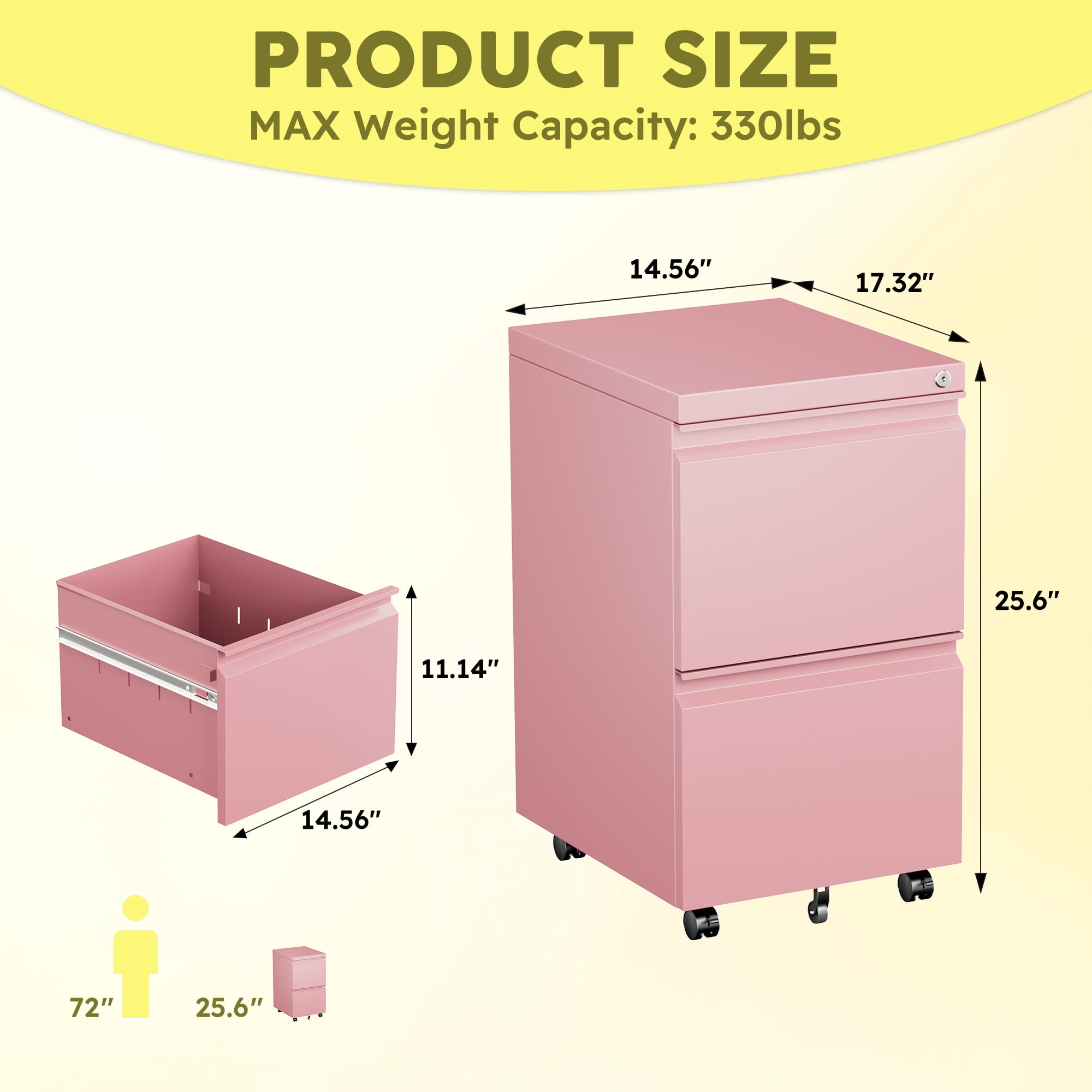 Gaeanet 2 Drawer Mobile File Cabinet, Lockable Metal Filing Cabinet with Wheels for Home Office, Legal/Letter Size,Pink,Fully Assembled Except Wheels