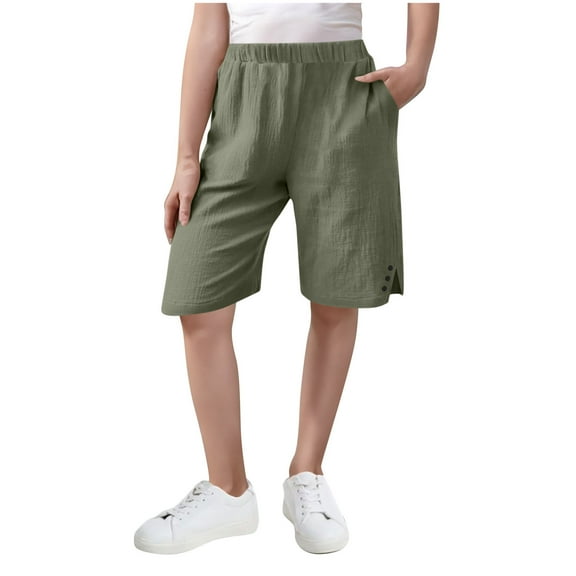 JTSRKL Linen Bermuda Shorts for Girls Cute Knee Length Casual Button Side Slit Summer Cotton Capri Pants Lightweight Beach Shorts with Pockets Army Green 9-10 Years
