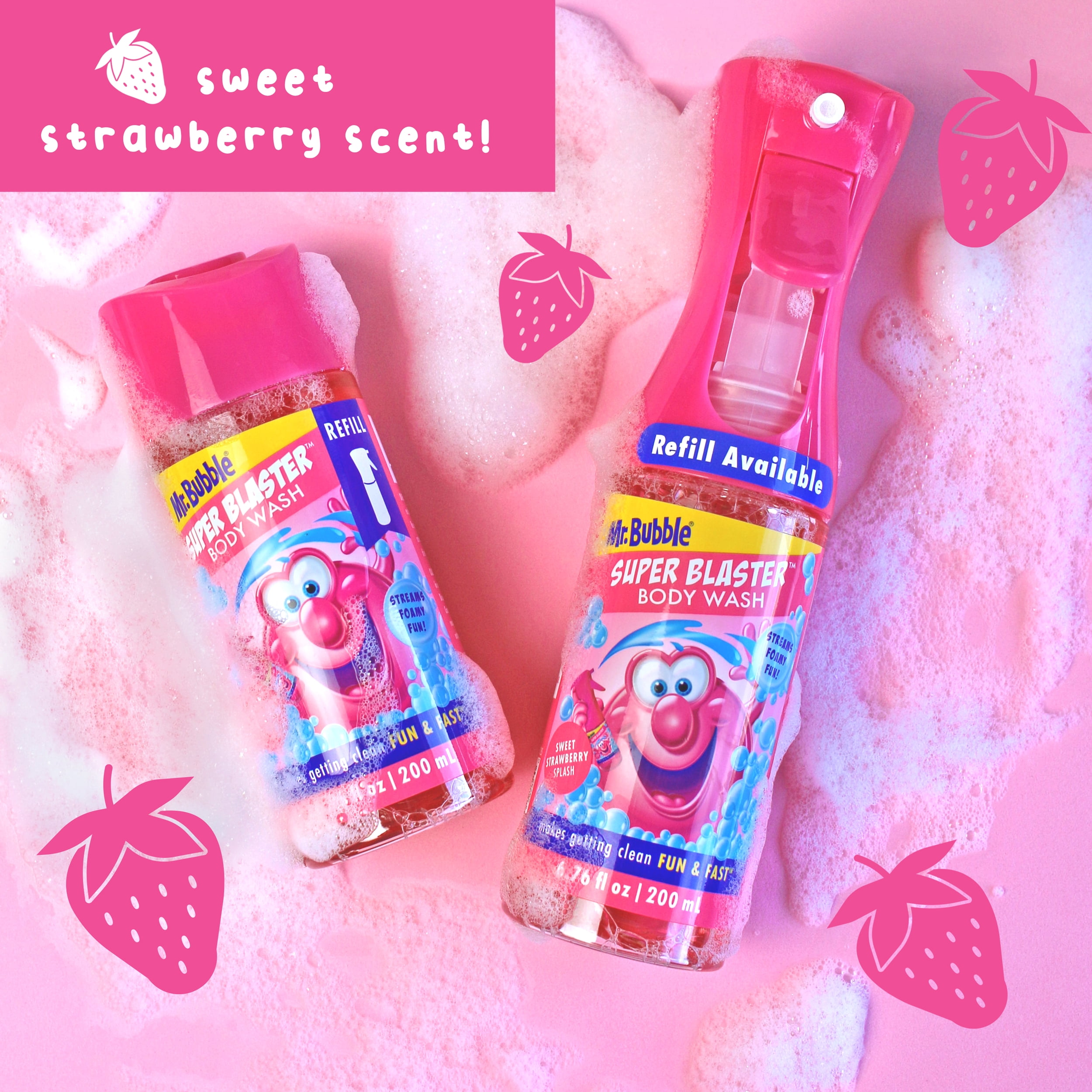 Mr. Bubble Super Blaster Body Wash Sprayer, Sweet Strawberry Splash, Aloe & Vitamin E, 6.76 oz