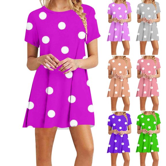 Summer up to 65% off kttectoa Crewneck Short Sleeve Dresses for Women Casual A-Line Flowy Short Sun Dress Polka Dot Graphic Dress Casual Summer Dresses for Women Delightful Dresses for Anniversary