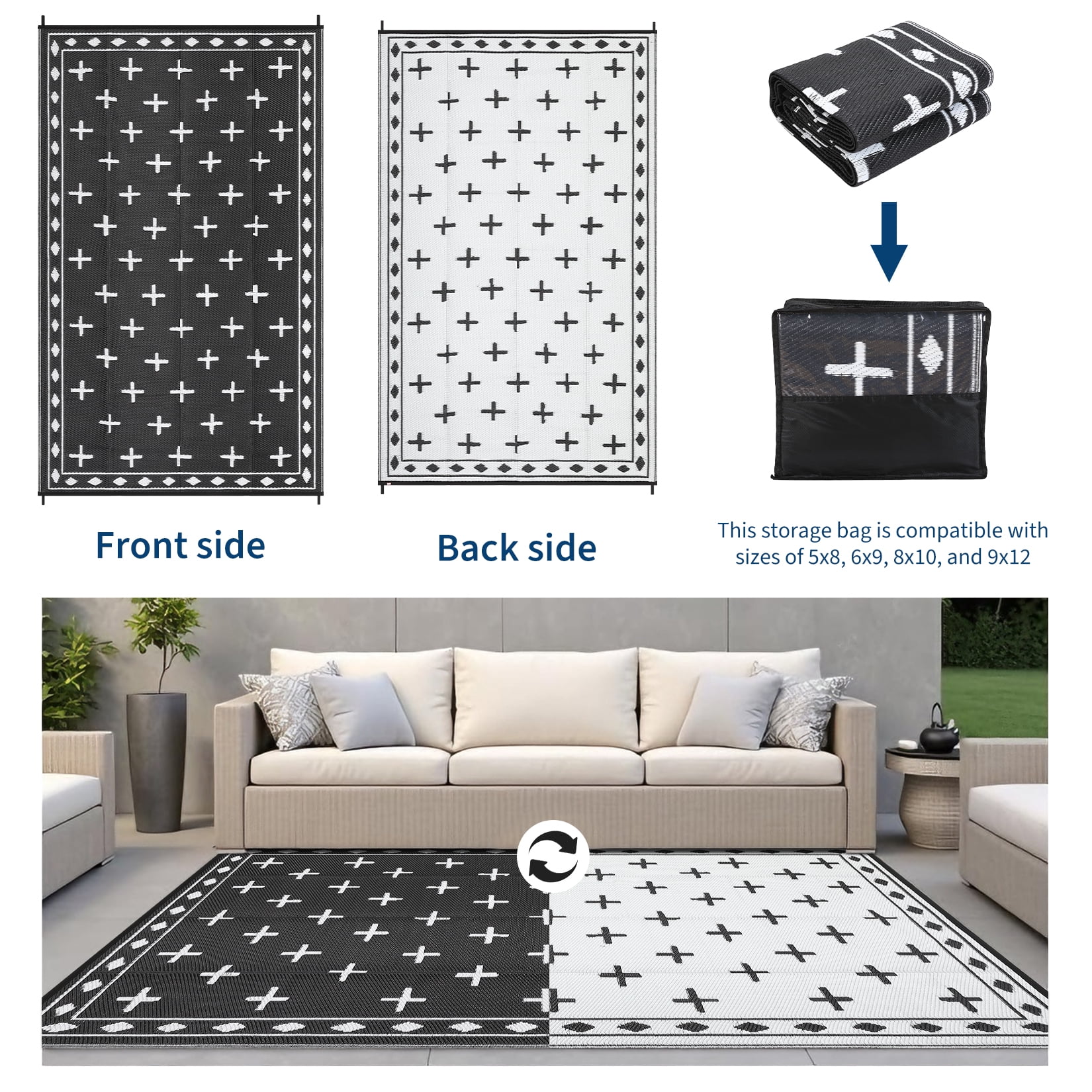 Large 9x18 Outdoor Area Rug, Waterproof Plastic Straw Mat with Framed Geometric Design for RV Awning, Patio, Deck, Garden, Camping, Beach and Backyard,Black White