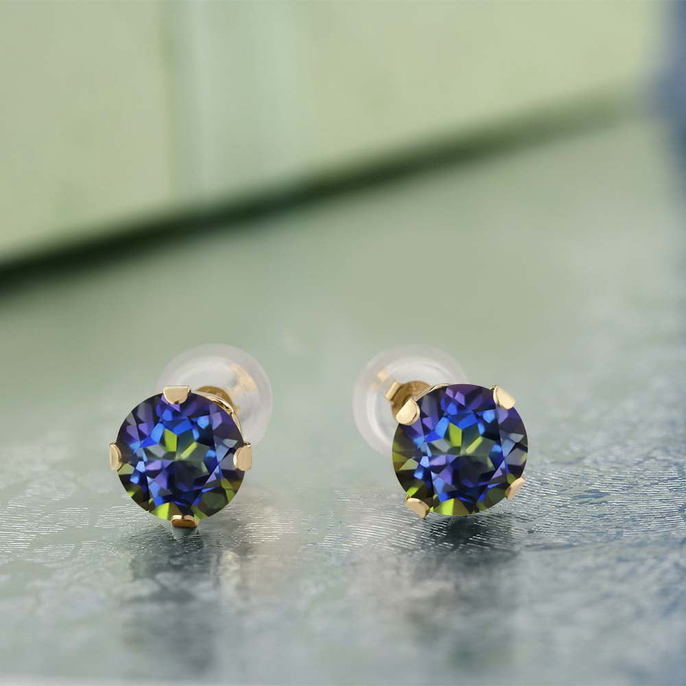 Gem Stone King 1.60 Ct Round Blue Mystic Topaz 14K Yellow Gold 4-prong Stud Earrings for Women Men 6mm