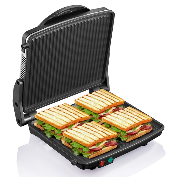 Yabano Sandwichera Eléctrica, Placas Antiadherentes de 11 x 9.8 Pulgadas, Aplanables 180 Grados, Negro, Estilo Casual, Acero Inoxidable