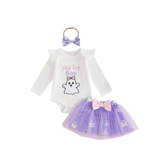 RUINIXCW Baby Girl First Halloween Outfit Fashion Long Sleeve Pumpkin Embroidery Tops with Tulle Skirt, Headband 3Pcs Fall Set