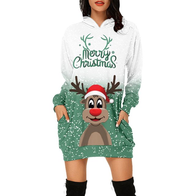 Vestidos de Navidad Para Mujer Mini Vestido de Manga Larga Vestido Informal Suelto Con Estampado de Capucha Con Bolsillo Odeerbi ODB190643