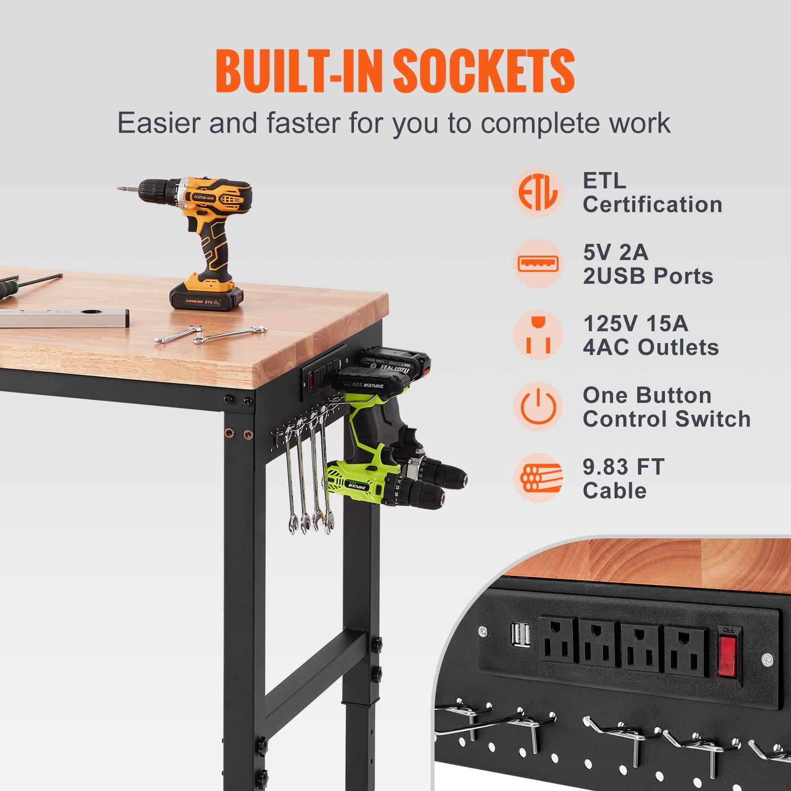 KFFKFF Adjustable Height Workbench 72"L x 25"W Work Bench Table w/ Power Outlets