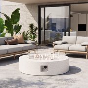 VENTOPYR Outdoor Propane Fire Pit Coffee Table w Terrazzo White 40.5-inch Round Base Patio Heater, Wind Guard, Transparent Gray Fire Glass, Rain Cover
