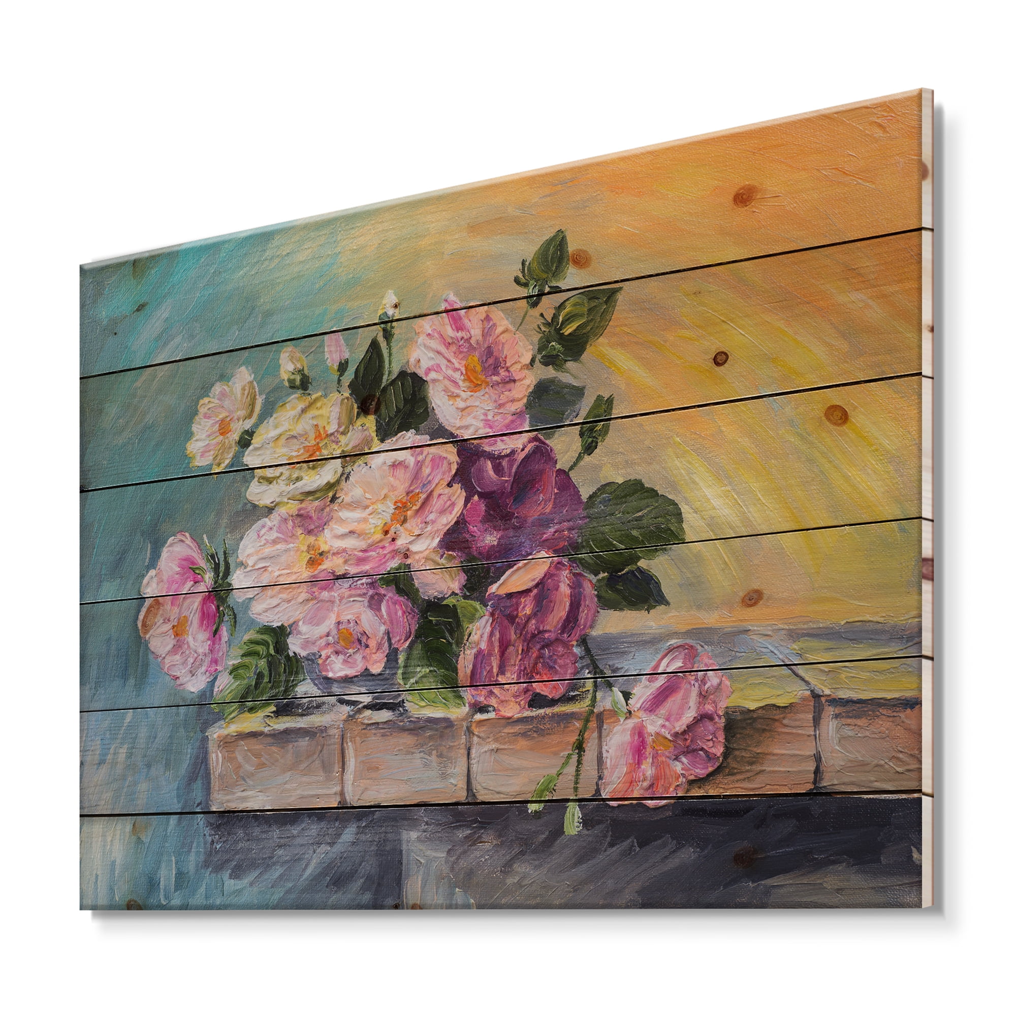 Designart 'Still Life With Bouquet Of Pink Flowers' Traditional Print on Natural Pine Wood