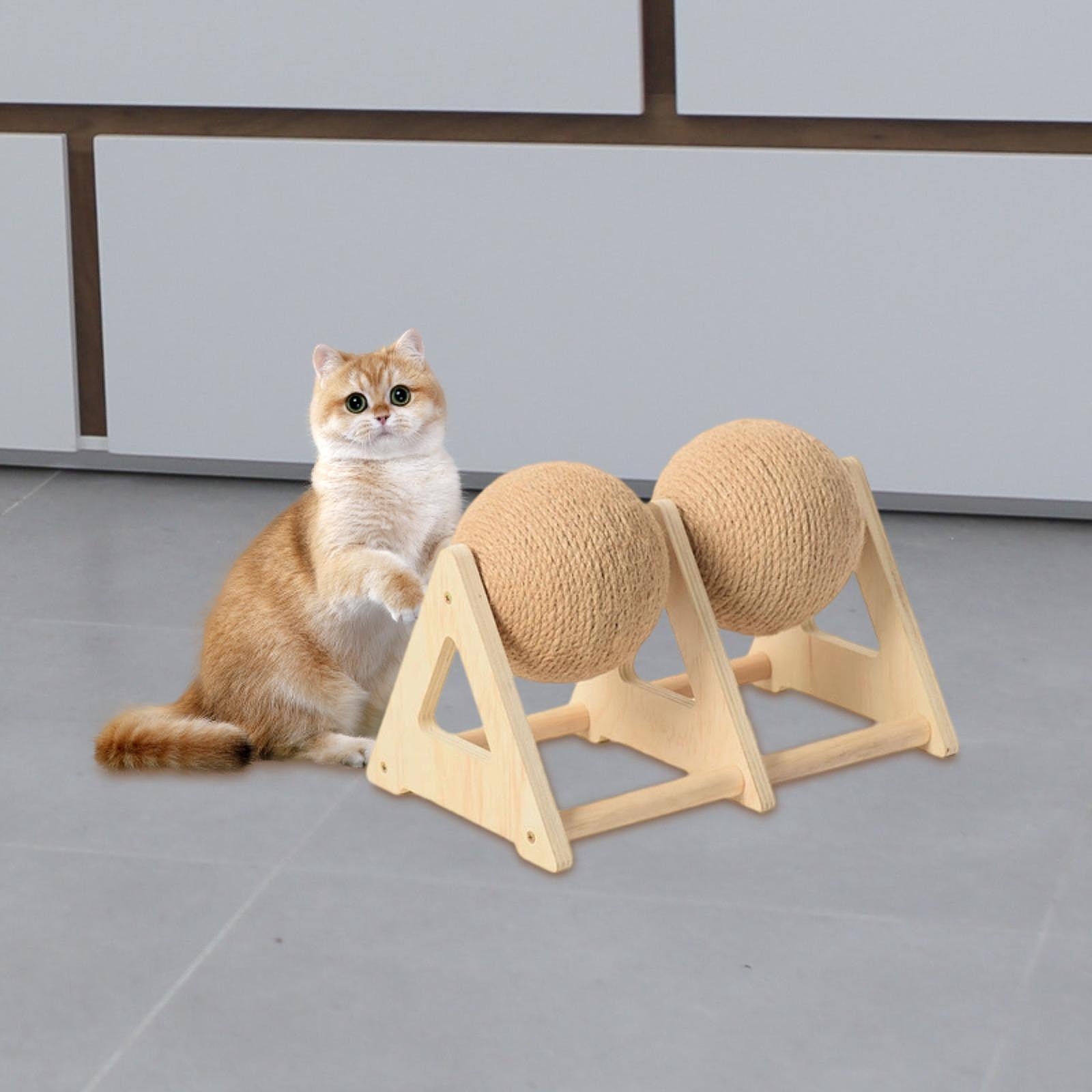 Cat Scratching Ball Sisal Rotatable Toy Wooden Triangle Stand Exercise Play for Indoor Cats Living Room