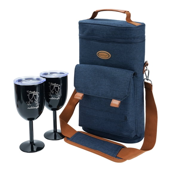 MELOTOUGH 2 Bottle Wine Cooler Bag Insulated Wine Carrier with 2 Stainless Steel Glasses Portable Wine Tote Bag Wine Travel Bag Gift for Wine Lovers, Blue