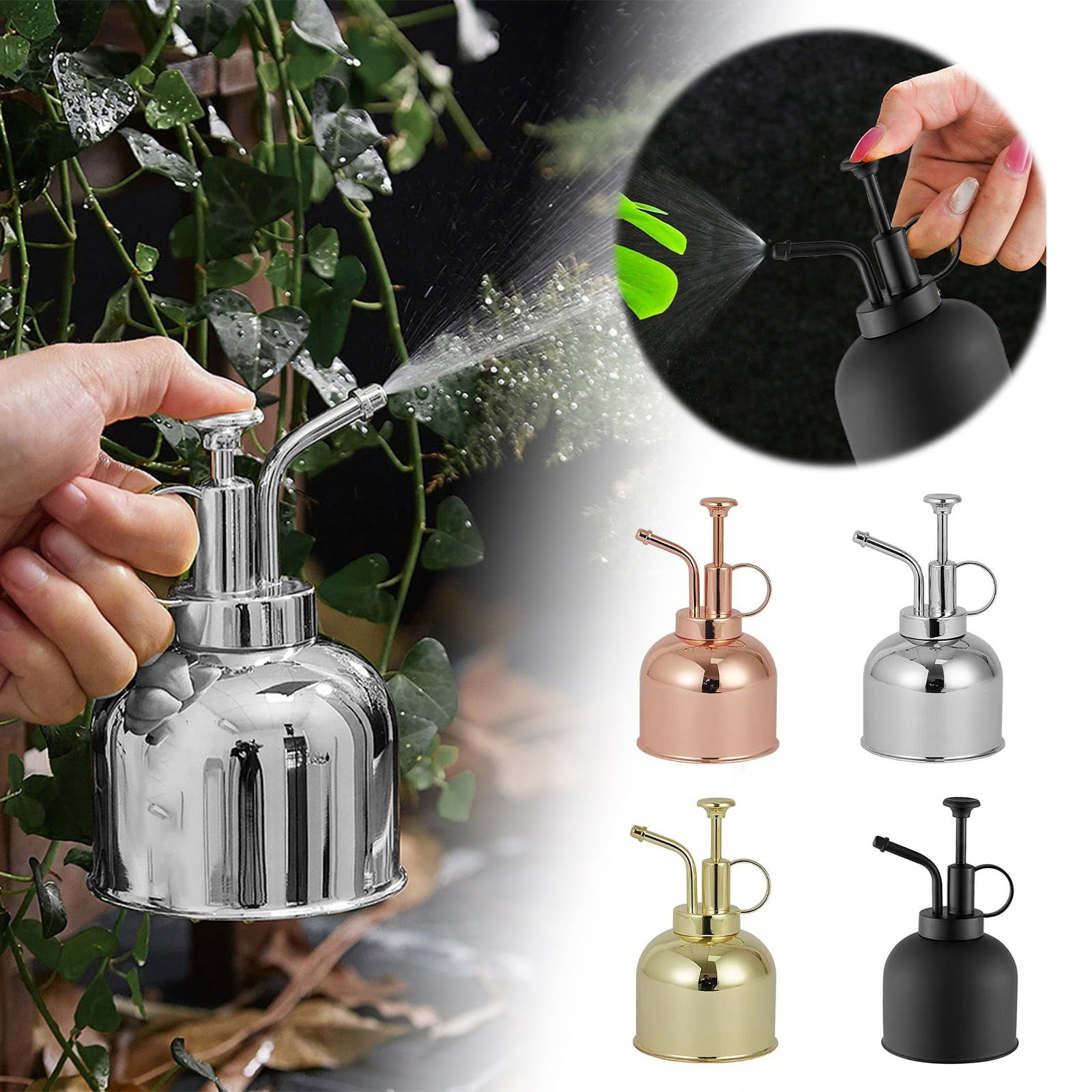 Stainless Steel Watering Can - Modern Small Watering Tool with Spray for Indoor Outdoor Potted Plants, Garden Spray Bottle (Black)