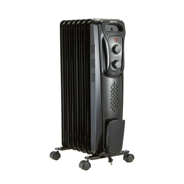 Amazon Basics - Calentador de aceite radiador para interiores, protección de sobrecalentamiento, 7 aletas con aceite, 3 ajustes de calor, seguridad certificada ETL, 1500 W, negro, 28 x 37.6 x 64 cm