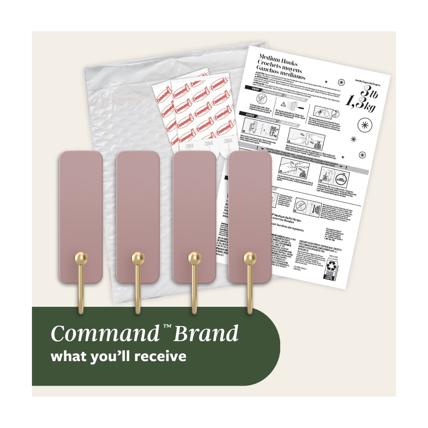 Command Medium Hooks, Dusty Rose, Holds 3 lbs, 4 Hooks, 6 Adhesive Strips