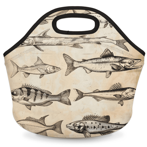 Herdesigns Vintage Fish Insulated Neoprene Lunch Bag for Women Men Lunch Box Washable Reusable Lunch Tote Lightweight Lunch Handbag for Work Outdoor Picnic