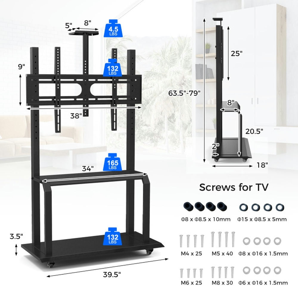 Finihen TV Stand, Mobile Media Console stand, Mobile TV Stand with Camera Shelf and AV Shelves for 32-80 Inch Flat/Curved TVs, for Living Room, Bedroom, Black