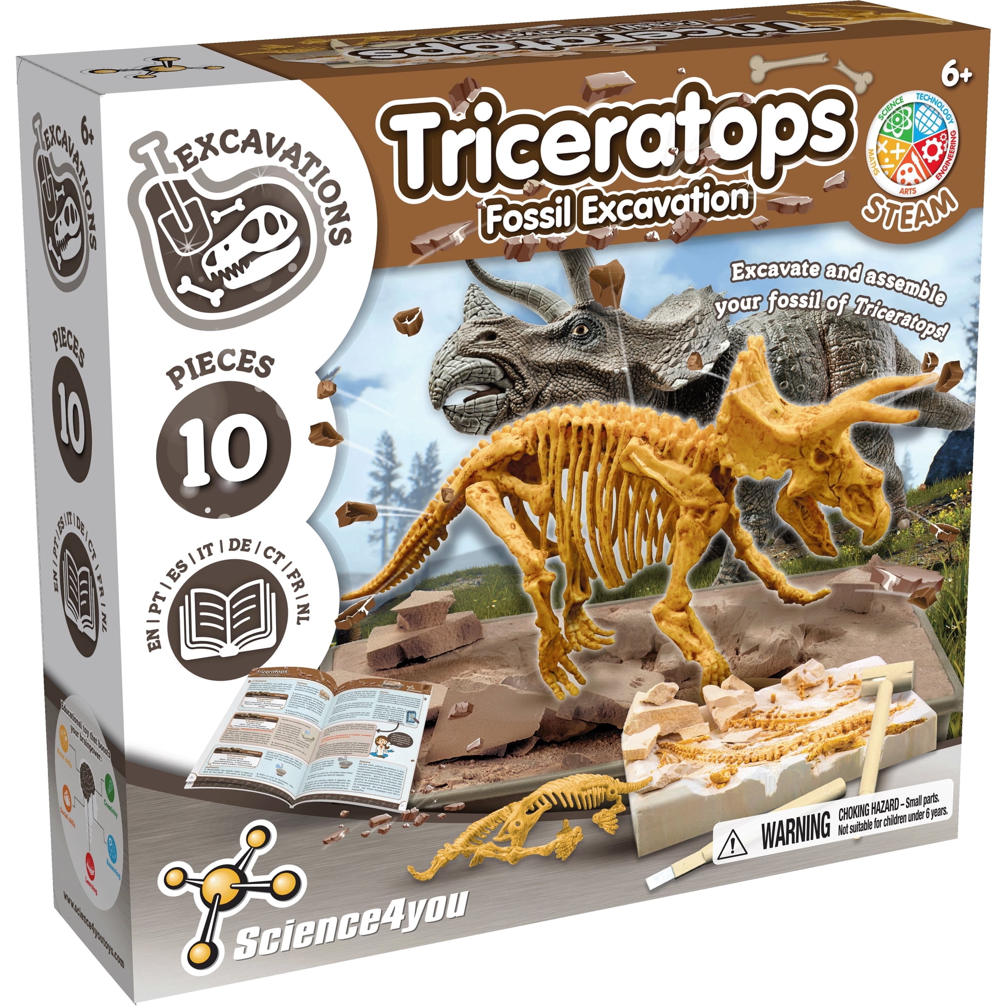 Science4you Triceratops Fossil Digging Kit, Dinosaur Excavation Set with 10 Fossils, STEM Toy, Ages 6+