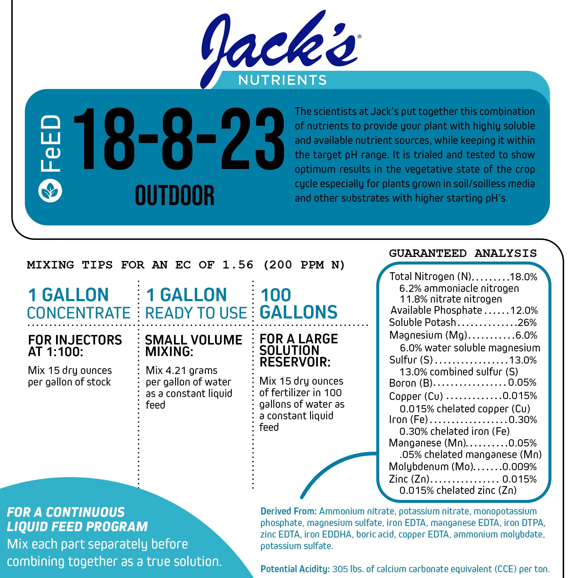 Jack's Nutrients 18-8-23 Outdoor Water-Soluble Fertilizer, 25lbs – Promotes Leaf Growth and Strong Roots