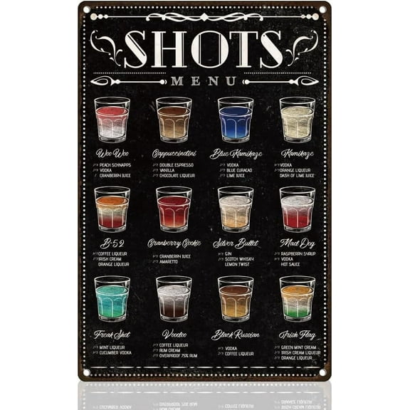 Cocktail Shots Menu Retro Wall Decor Metal Tin Sign 8" x 12" Beer Vintage Wall Art Poster for Home Bars Cafes Kitchens Garages or Restaurants Decor