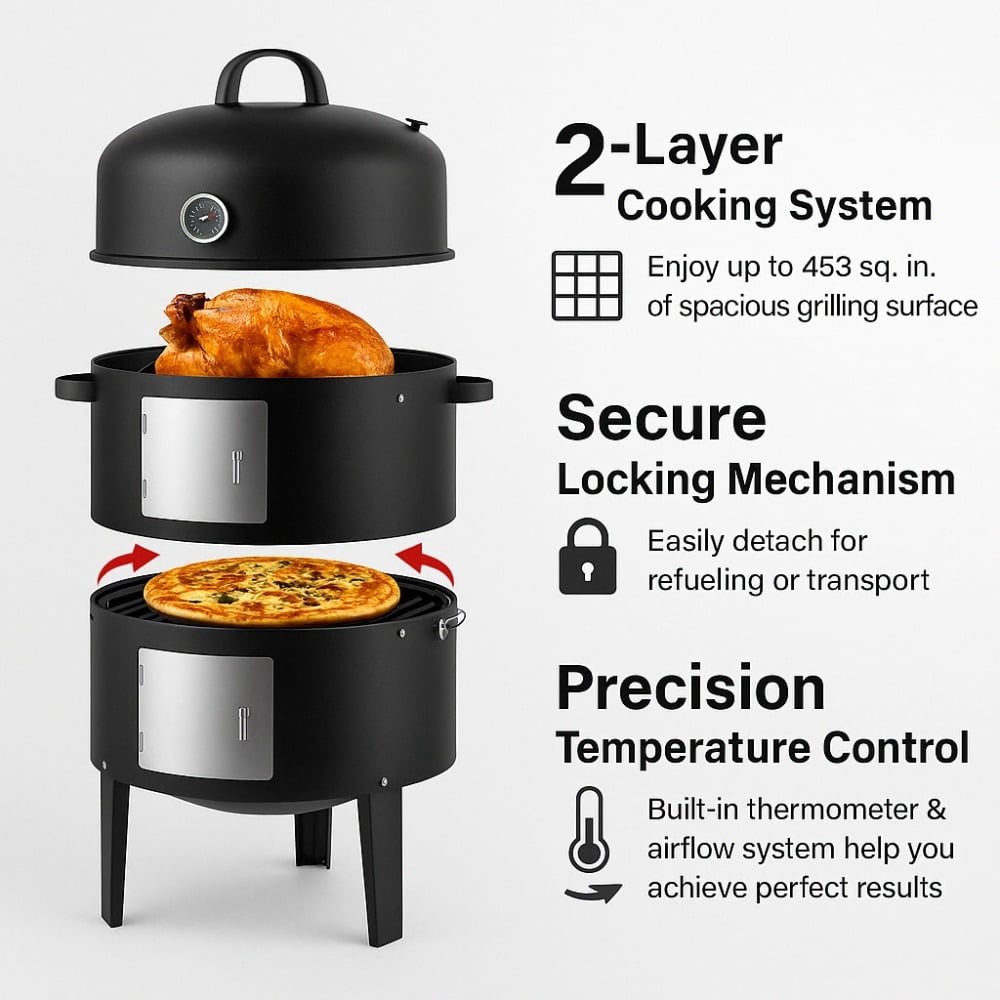 laraVist 3-in-1 Charcoal Smoker Grill with 453 sq. in. Cooking Space & Thermometer