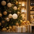 thumbnail image 6 of Flocked Christmas Ball Ornament, 6-Inch White Plastic Bauble with Gold Thread Pattern for Tree and Party Decor, 6 of 10