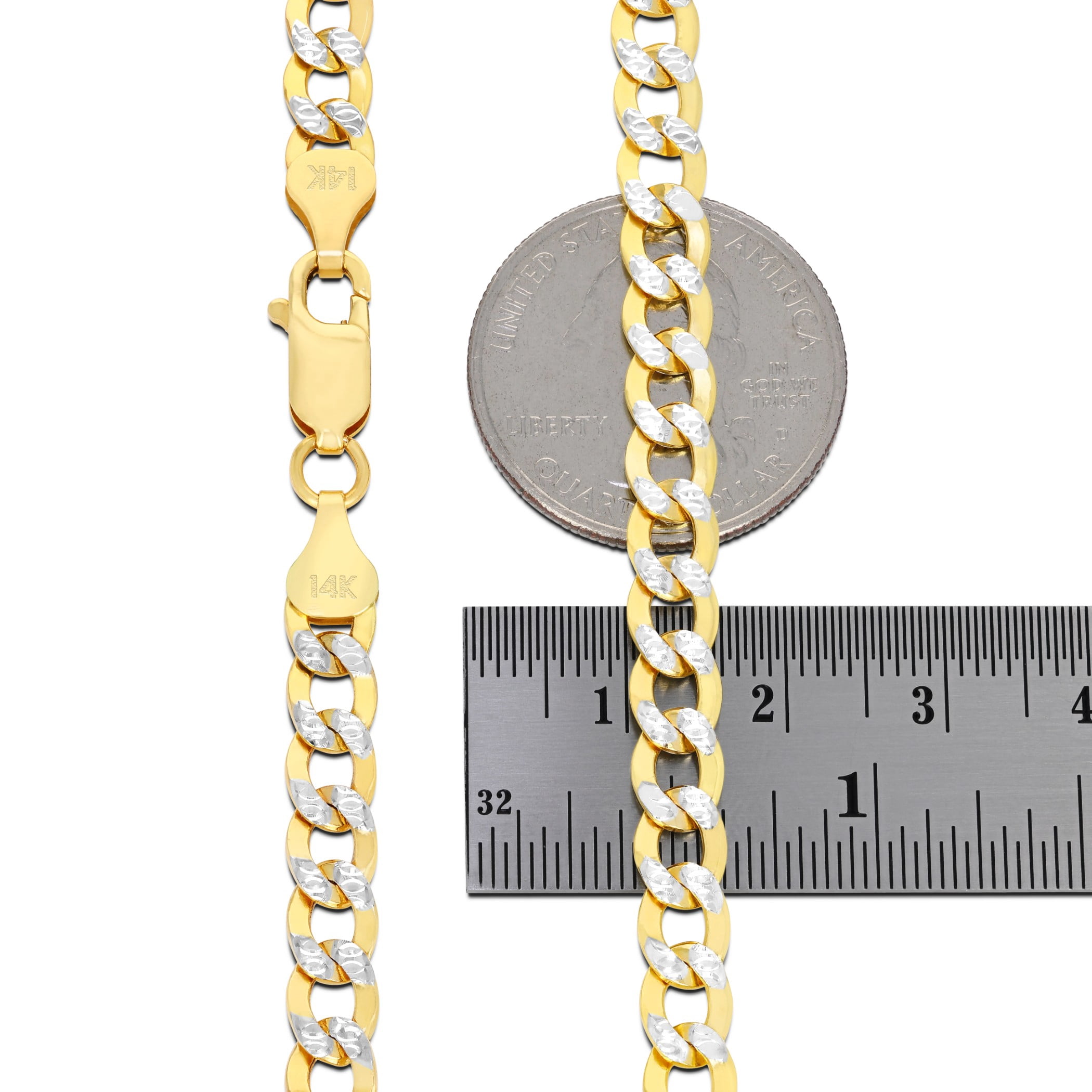Nuragold 14k Real Yellow Gold Cuban Curb Link 6.5mm Diamond Cut Pave Chain Bracelet (7"-9") Two Tone Italian Jewelry for Men