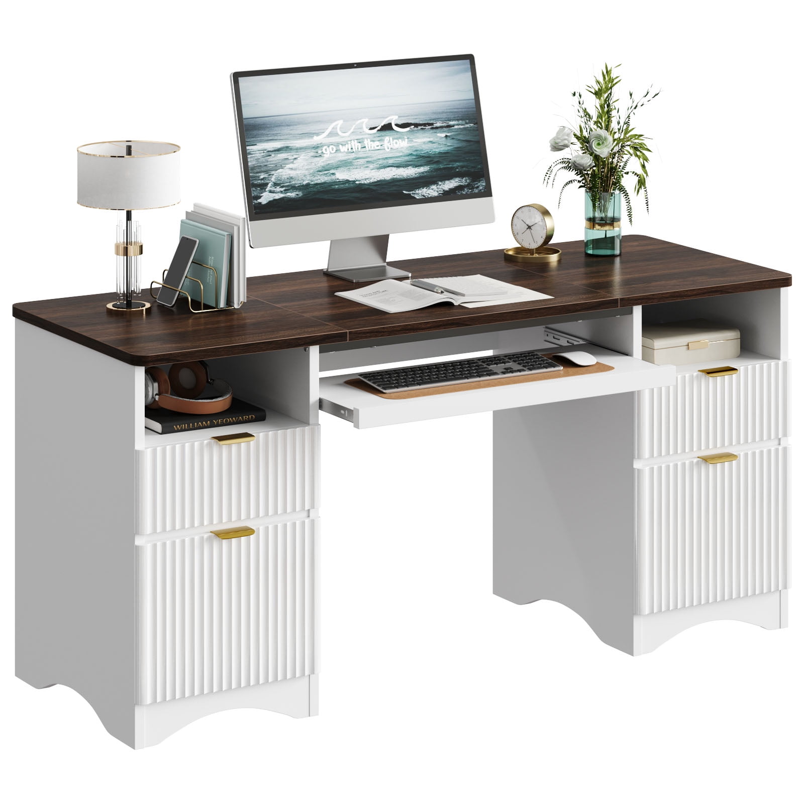 Bestier 59" Home Office Computer Desk with Keyboard Tray and Storage Drawers, Modern Executive Desk for Writing Reading, Walnut and White