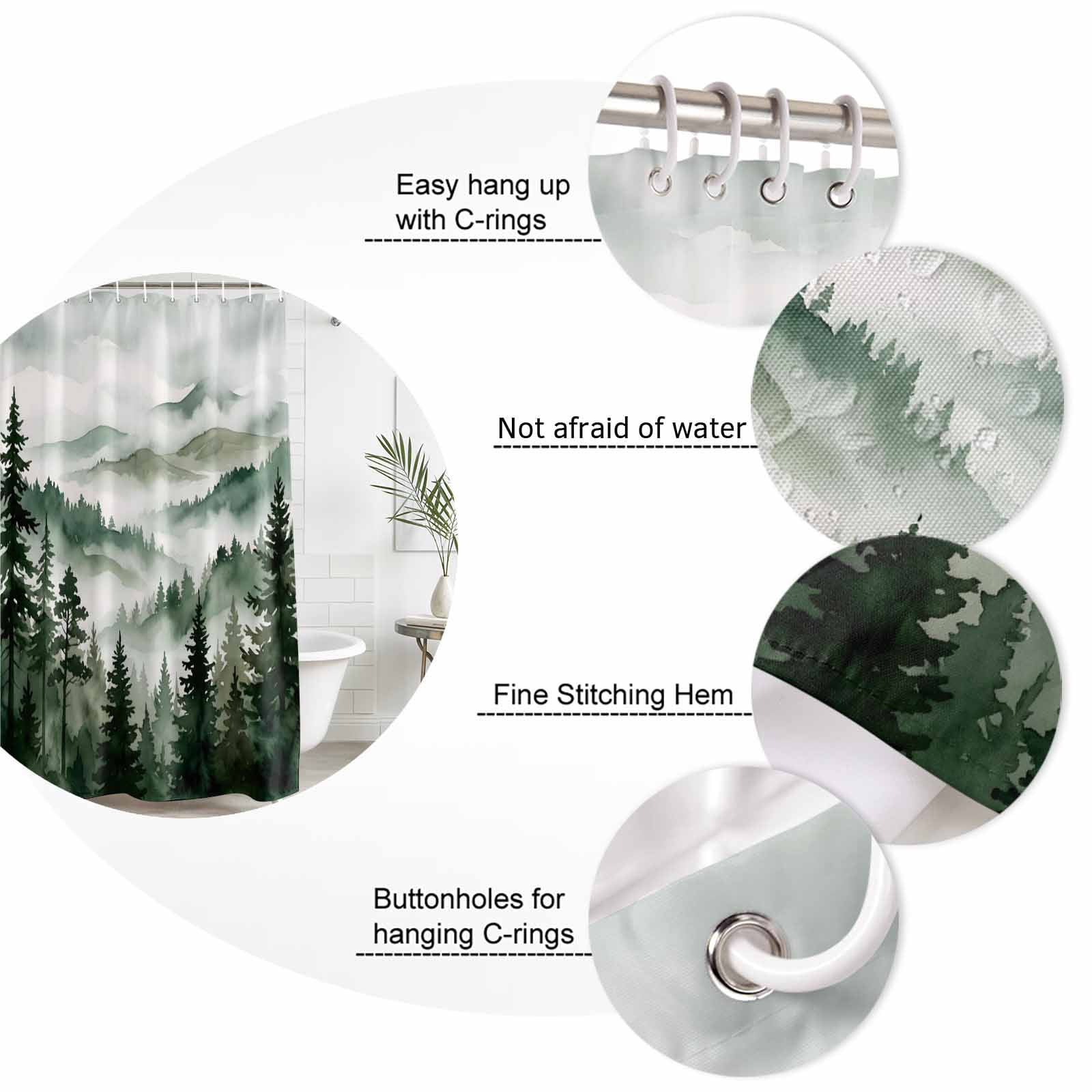 Shower Curtain Bathroom Set Forest Green Gradient Tree Mountain Waterproof Fabric Shower Curtains with Grommets&Hooks, Natural Scenery Privacy Bath Curtain for Bathtub 36x72in