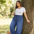thumbnail image 2 of Agnes Orinda Women's Plus Size Jeans Drawstring Elastic Waist Denim Pants Casual Wide Leg Chambray Palazzo Pants with Pockets 1X Dark Blue, 2 of 8