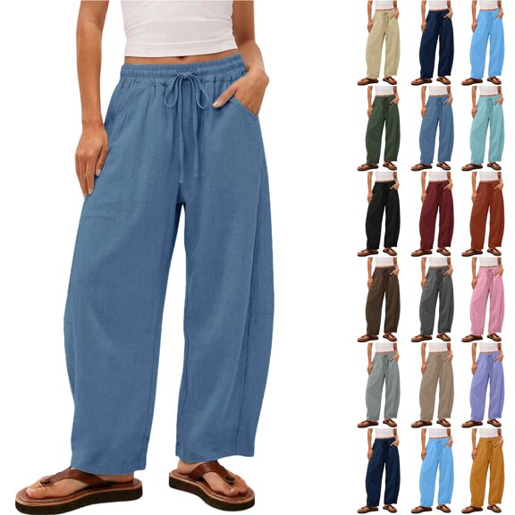 Bloomae Wide Leg Linen Pants for Women Casual Drawstring Elastic Waist Comfy Lounge Trousers with Pockets Lightweight Loose Baggy Beach Vacation Long Pants