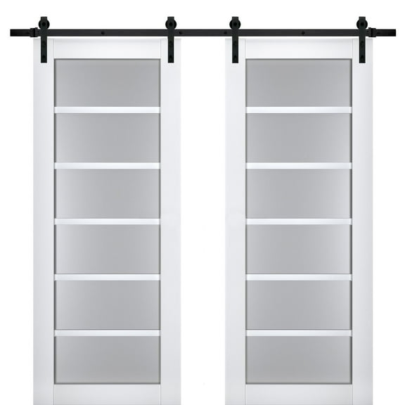 Sturdy Double Barn Door with Frosted Glass | Veregio 7602 White Silk | 13FT Rail Hangers Heavy Set | Solid Panel Interior Doors-36" x 96" (2* 18x96)-Black Rail