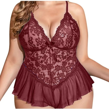Sexy Lingerie  ZVNAH Plus Size Camisole Dress  Deep V Neck Lace Mesh Dress  Christmas Gifts for Women  Bow Tie On Chest  Clearance Lingerie for Women  See-through Ultra-thin Dress