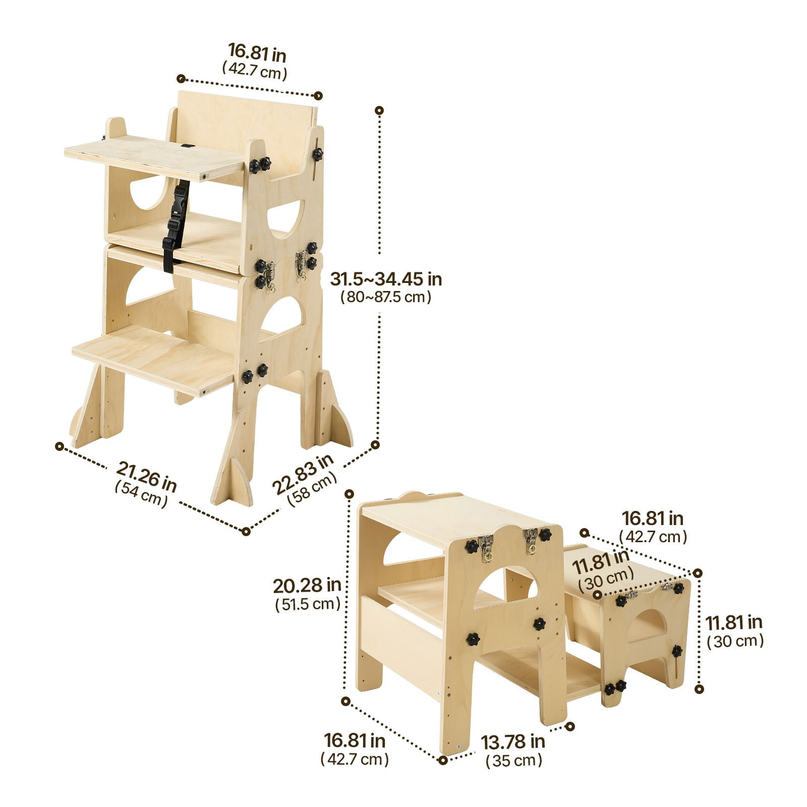 Toddler Tower, Wooden, Adjustable Kitchen Step Stool for Kids 1-5, Montessori Weaning Table and Chair Set, Learning Standing Tower with Chalkboard, Backrest, for Bathroom and Kitchen Counter