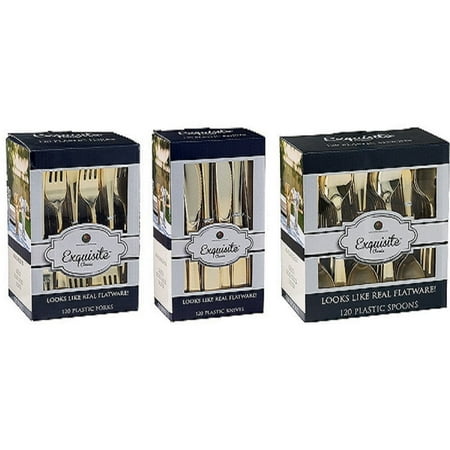 Cafeteria Silverware Exquisite Premium 360 pc GOLD Plastic Silverware Cutlery Set, Heavy Duty, Bulk Combo 360 Pieces, Flatware Set Service for 120 - Includes 120 Forks, 120 Spoons, 120 Knives - Disposable Cutlery Set ()