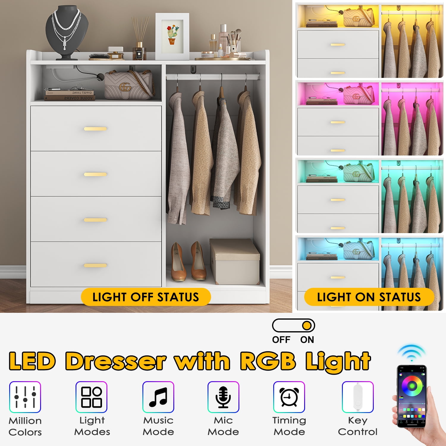 Winkalon 4 Drawer Dresser with Clothing Rack and LED Lights,Modern LED Dresser for Bedroom,White