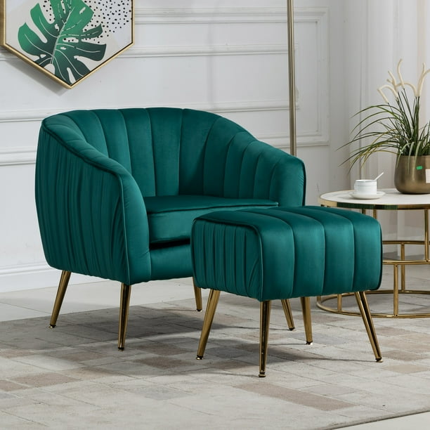 Velvet Modern Tub Barrel Arm Chair with Ottoman, Upholstered Tufted