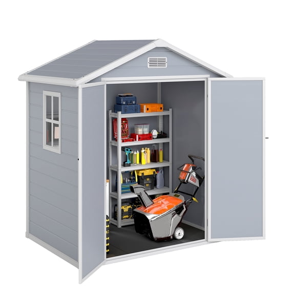 Uforic 6'x4.4' Resin Outdoor Storage Shed, Reinforced Floor, Lockable Door, Window & Vents, Waterproof Plastic Tool Shed for Garden Backyard Patio Lawn